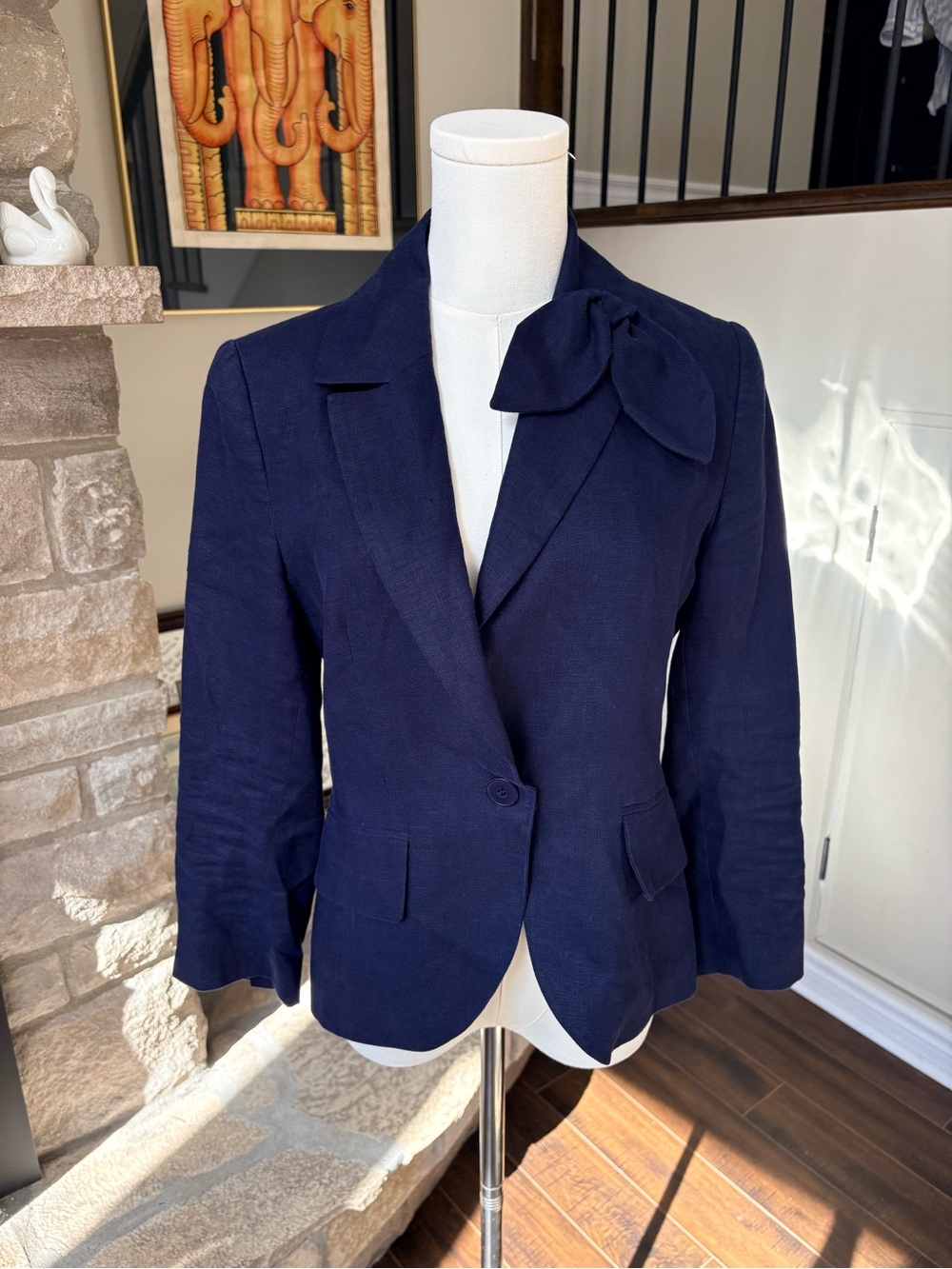 Sandra Angelozzi Navy Blue 100% Linen Bow Detail Blazer Size 32